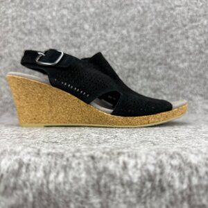 ✅Earth Womens 7M Woodland Radiant Black leather Wedge Sandals Cork Heel W/Buckle
